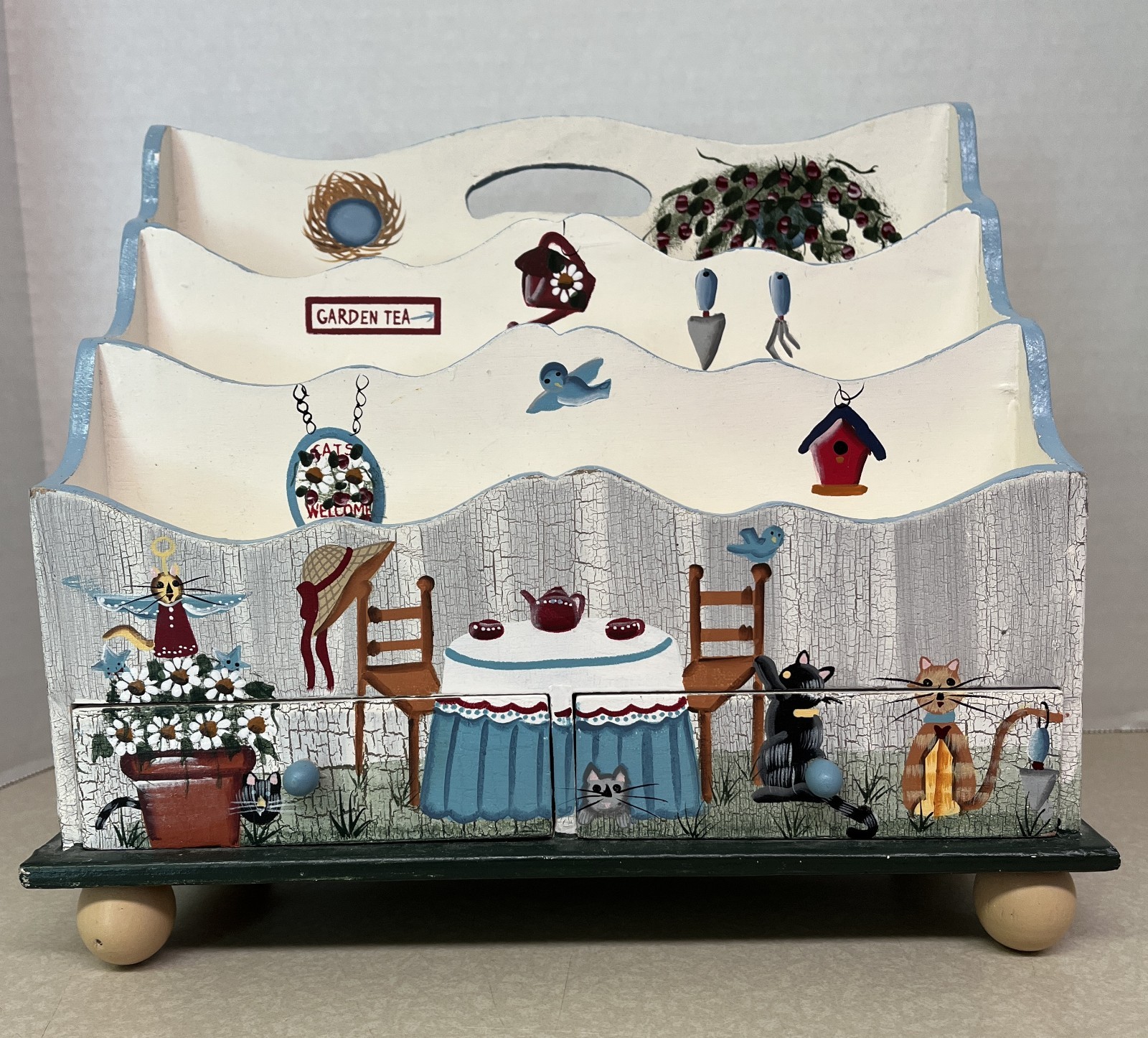 VTG wooden mail letter organizer whimsical painted garden theme cat 2 drawers