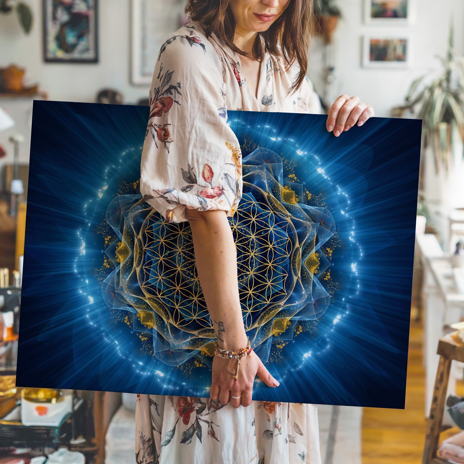 Radiant, Abstract Design Featuring A Golden Flower Of Life Pattern At Wall Art