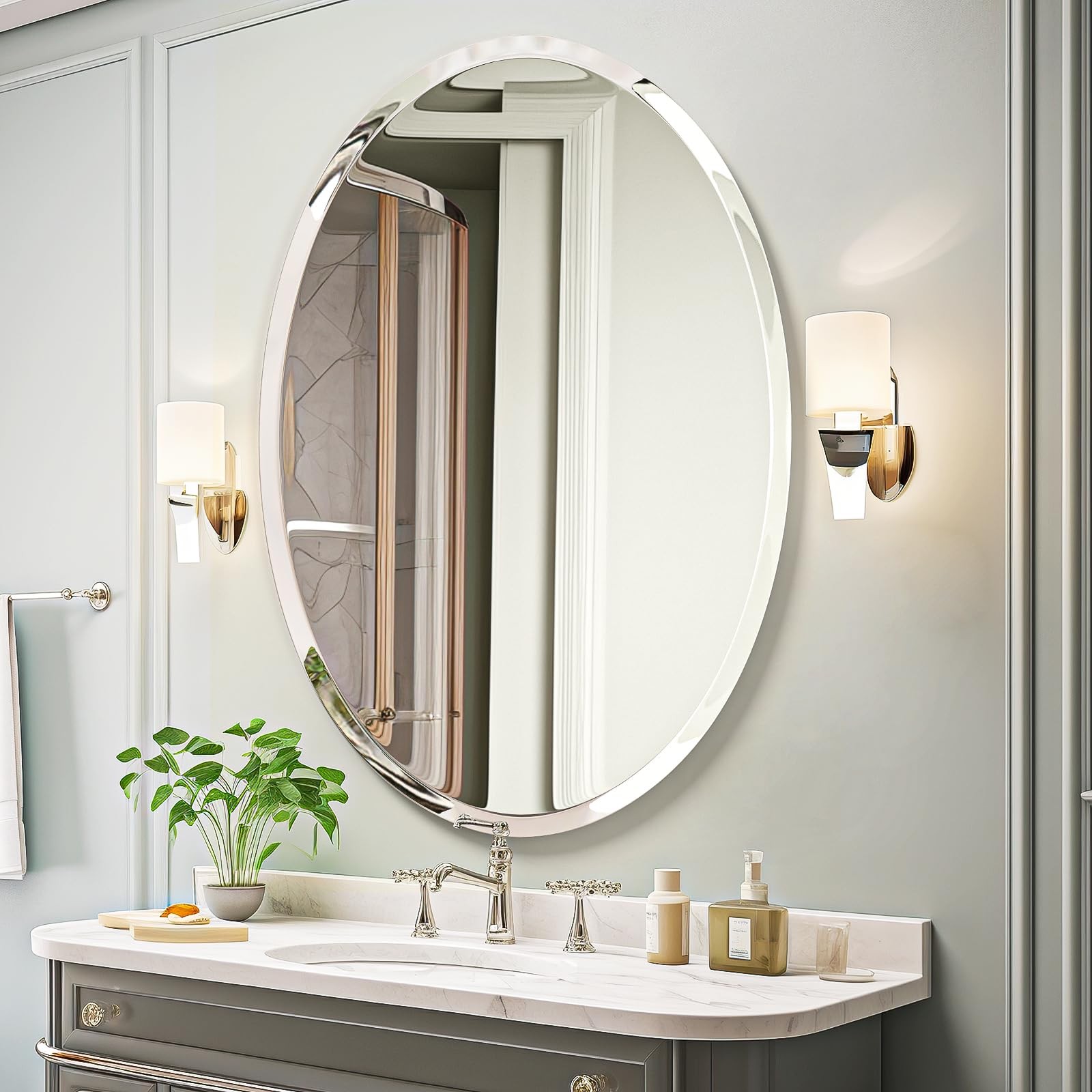 USHOWER 24x36Inch Oval Wall Mirror Bathroom Vanity Mirror Frameless Beveled Edge
