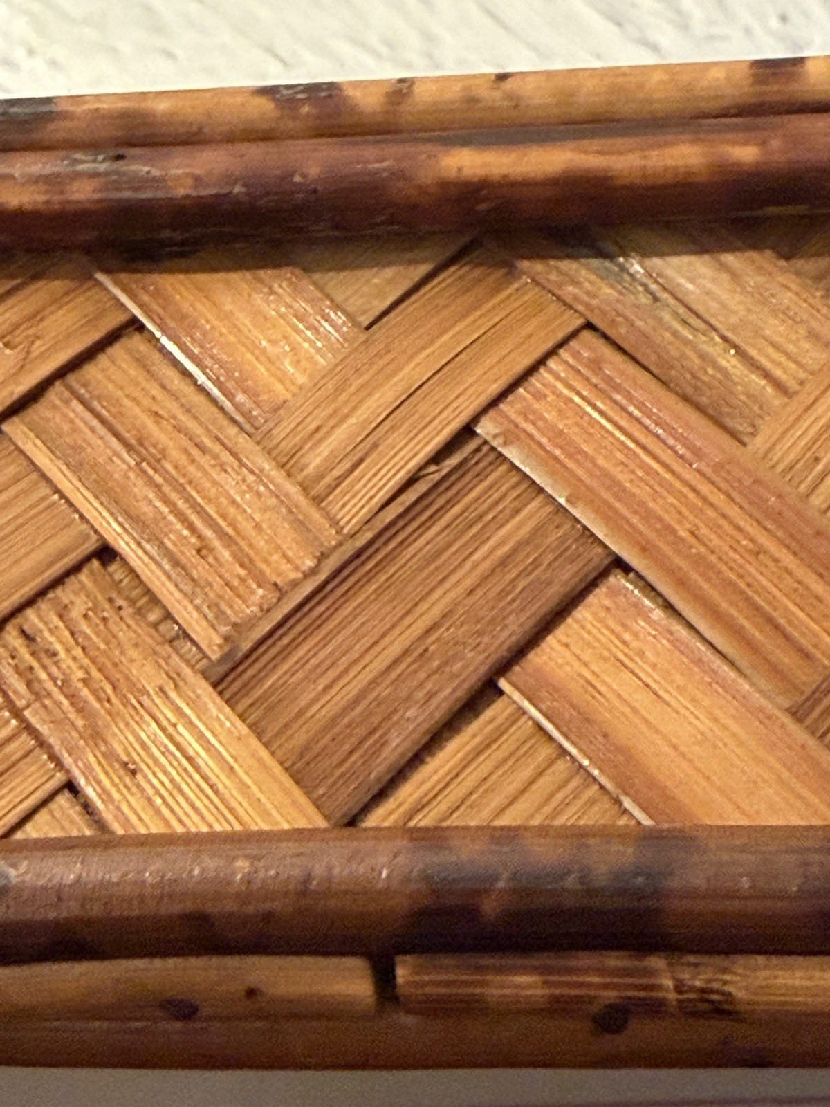 Vintage 1970’s Mottled Arched Bamboo Rattan Herringbone Pattern Mirror Hong Kong