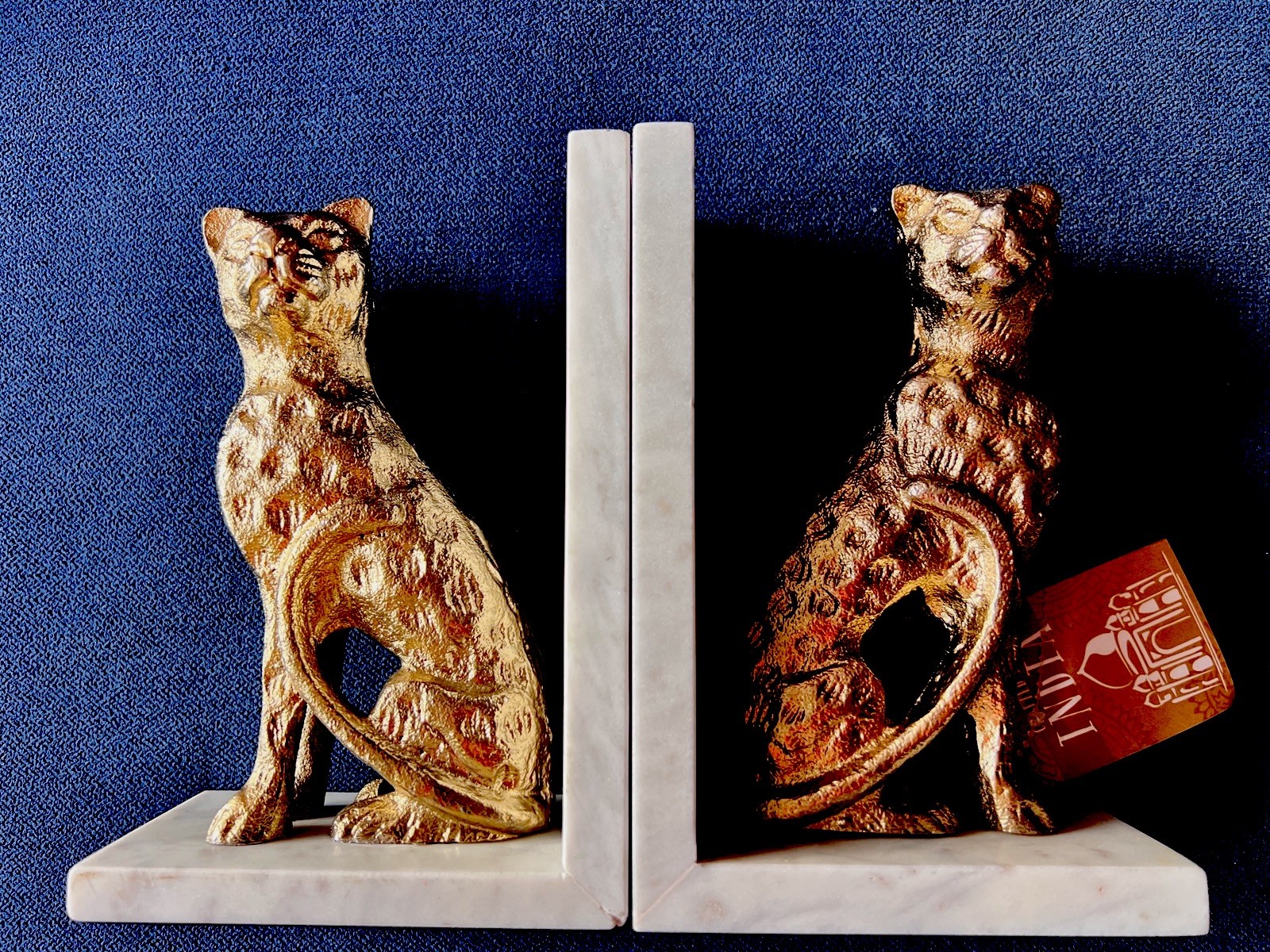 Pair Cheetah Leopard Bookends Marble Alabaster Base Gold White 7.25″H Elegant
