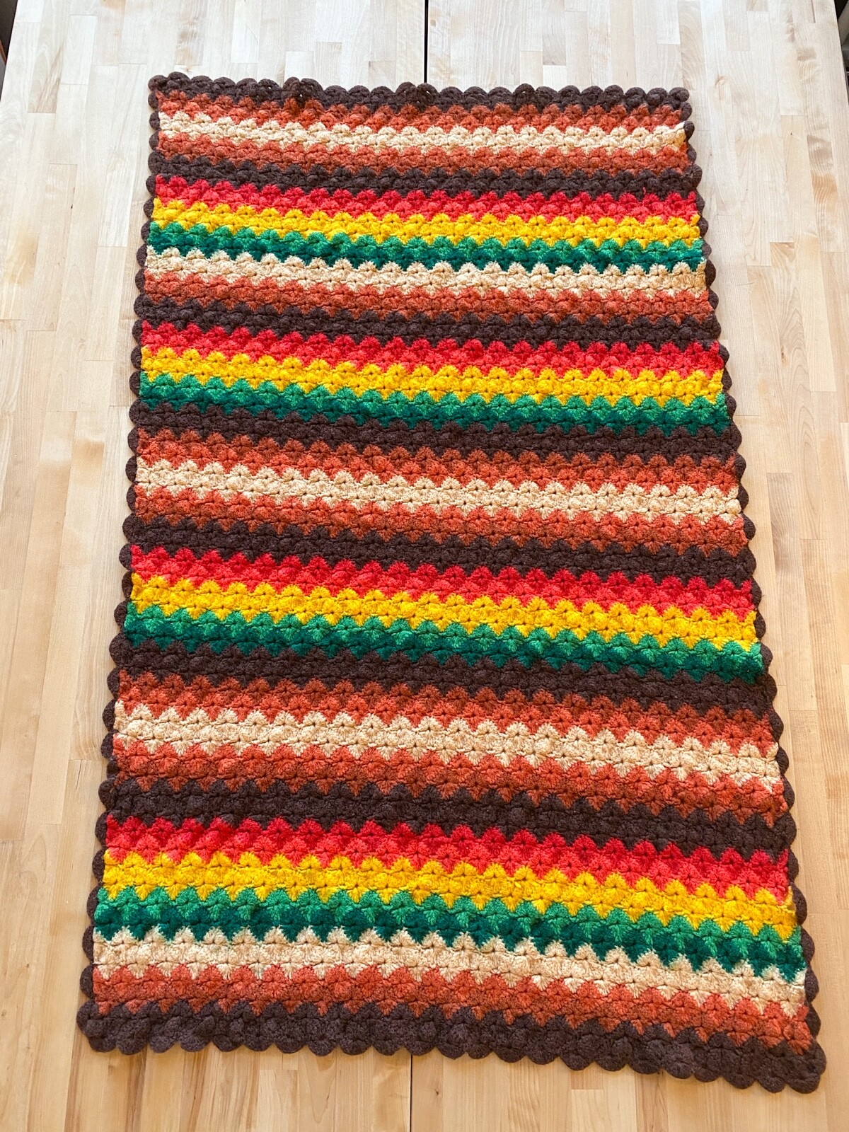 Vintage 70’s Crochet Throw Blanket Afghan Striped Brown Green Boho Granny 51×33
