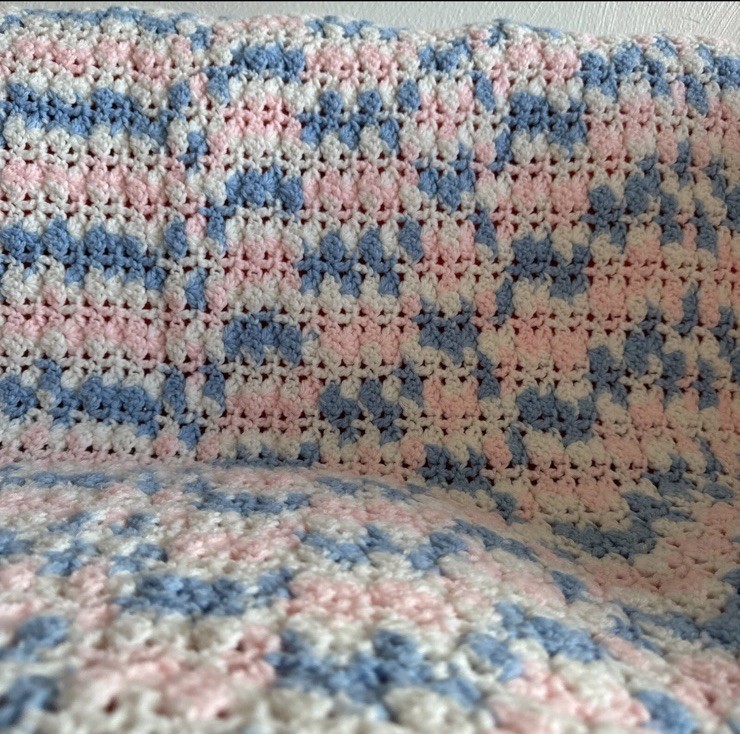 VTG Crocheted Afghan 32″ x 35″ White Pink Blue Shabby Chic Granny Cottagecare