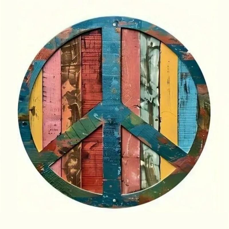 Multicolor Peace Symbol Metal Sign Round Retro Hippie Bohemian Wall Decoration