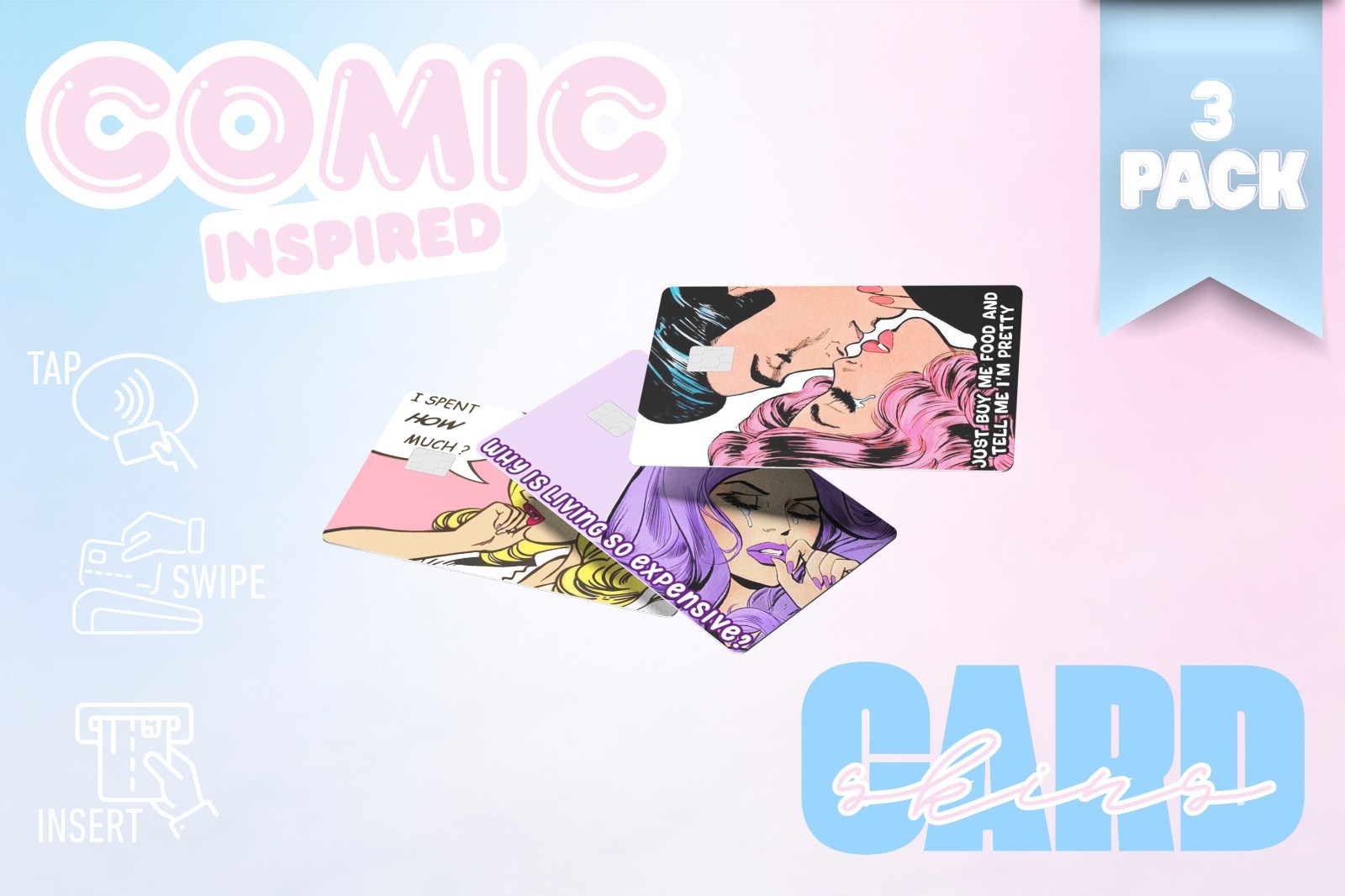 3‑Pack Comic Girl Inspire Card Skins –Vinyl Credit & Debit Card Covers | Durable