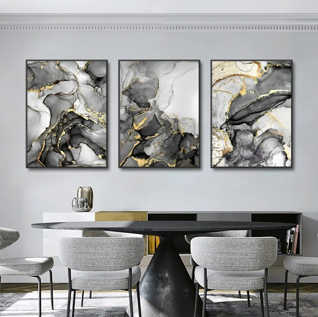 3pcs Frameless Luxury Black & Gold Marble Wall Art 30*40 Perfect for Home Decor