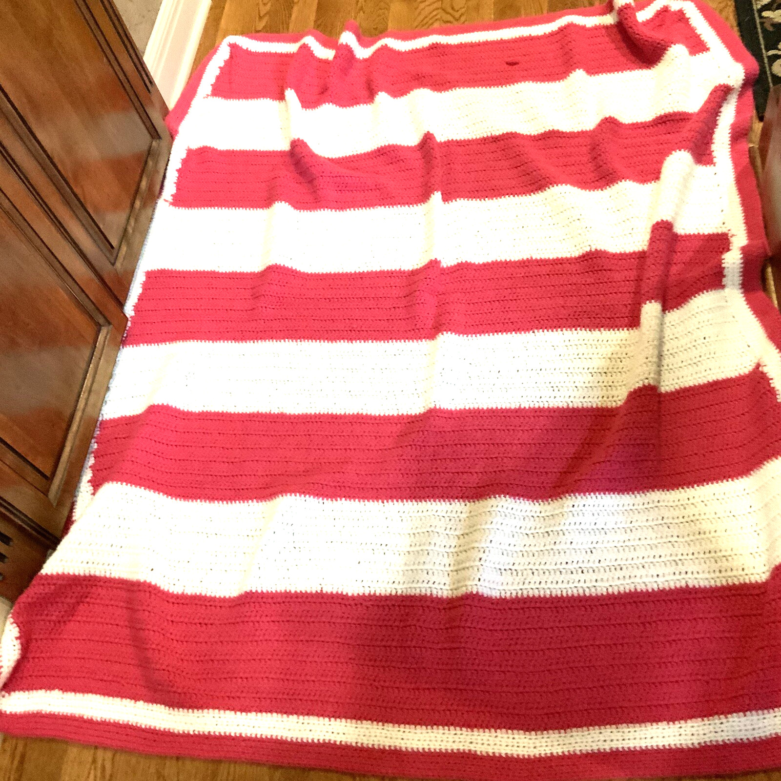 Crochet Blanket Throw Pink White 54 X 62 Handmade Sofa Bed Stripe READ