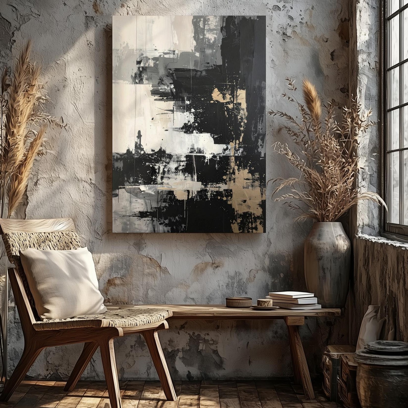 Monochrome Abstract Canvasblack, White & Taupe Gestural Art Wall Art
