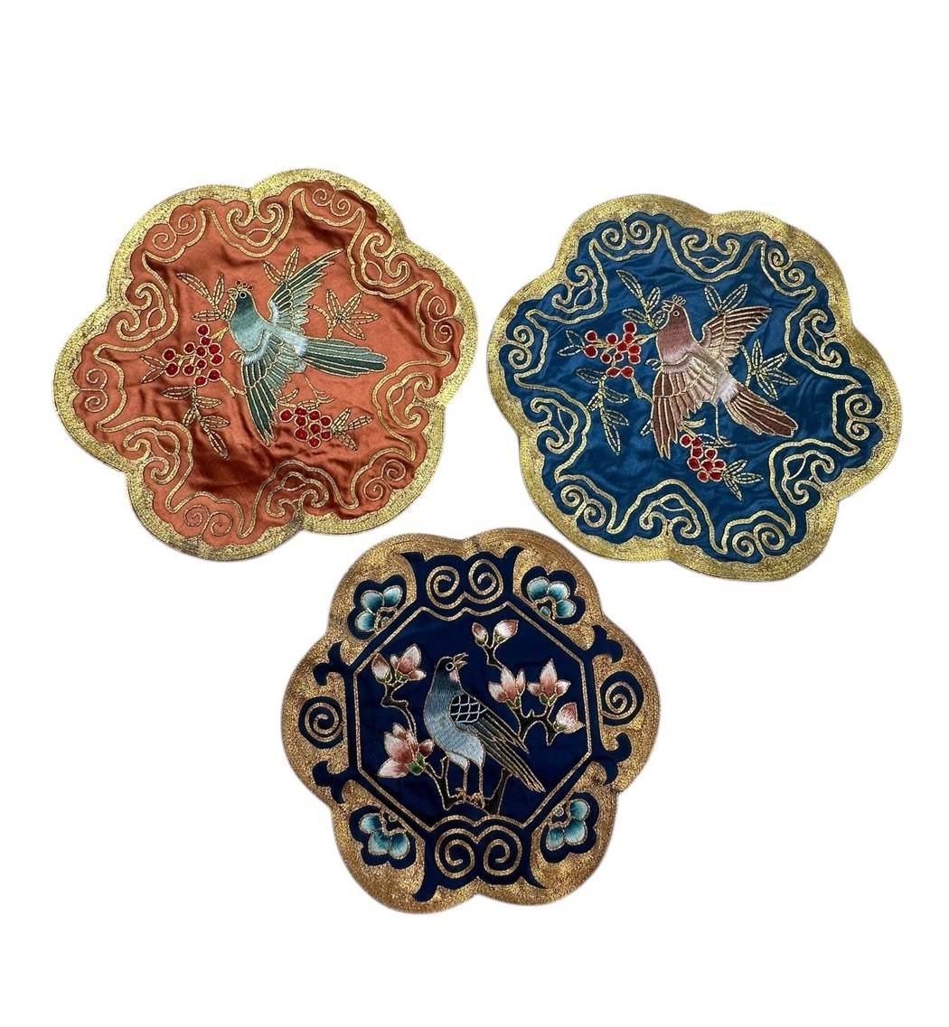 Set of 3 Embroidered Fabric Bird Accents Asian Style Home Decor