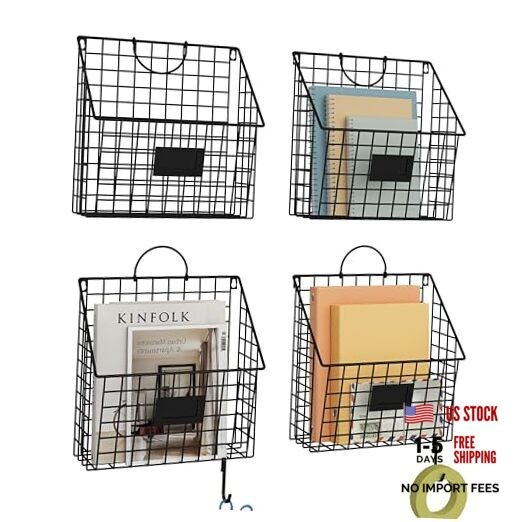 Hanging Wall File Holder Organizer Metal Wall Mount Black · 4-Pack · X-Large
