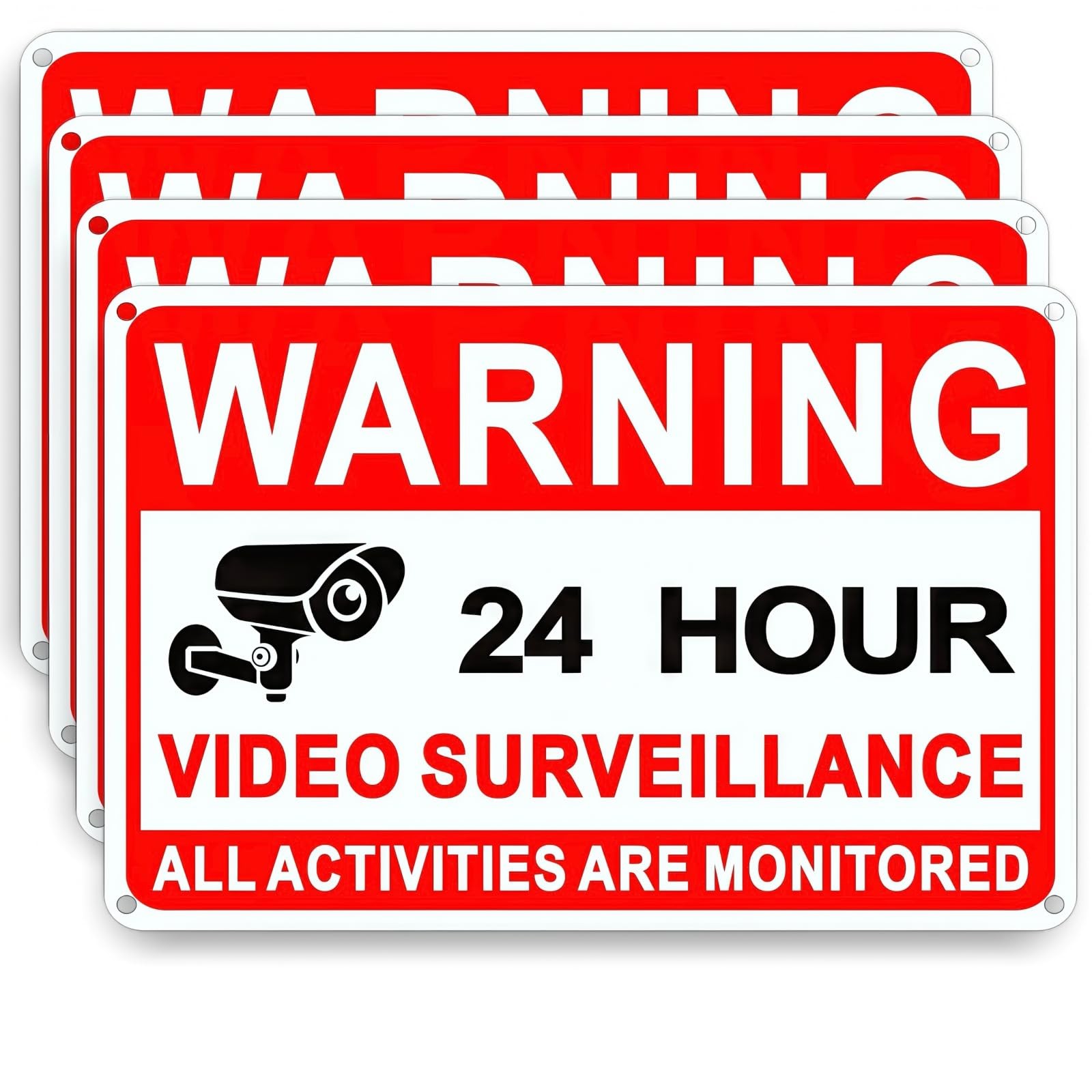 4 Pack Video Surveillance Signs, 8 x 12 Inch Aluminum 12×8 Inches, Red, White
