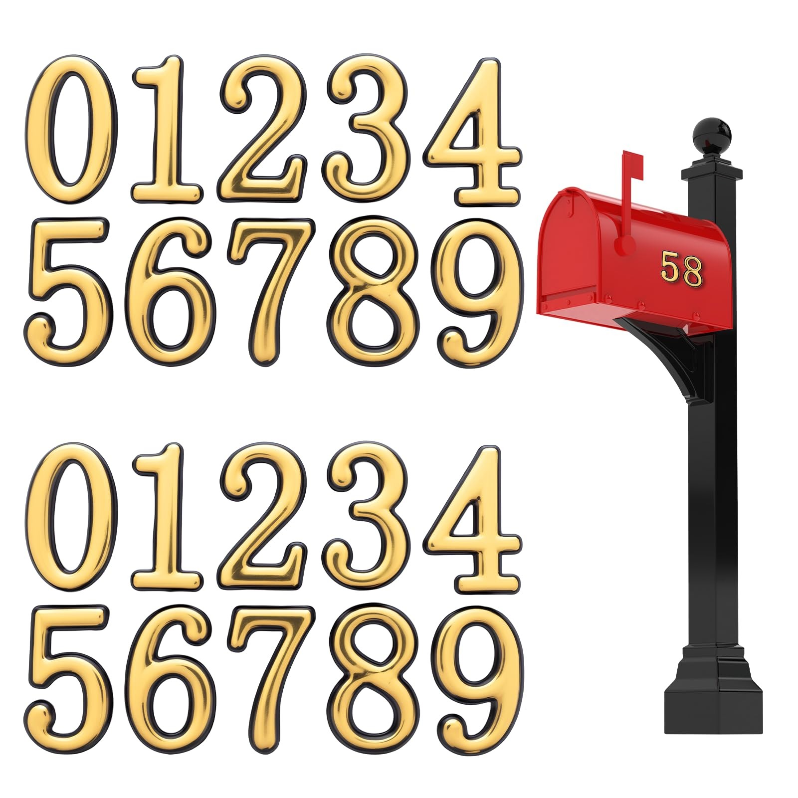 20 Pcs 2 Inch Gold Reflective Mailbox Numbers ABS Waterproof for Residence