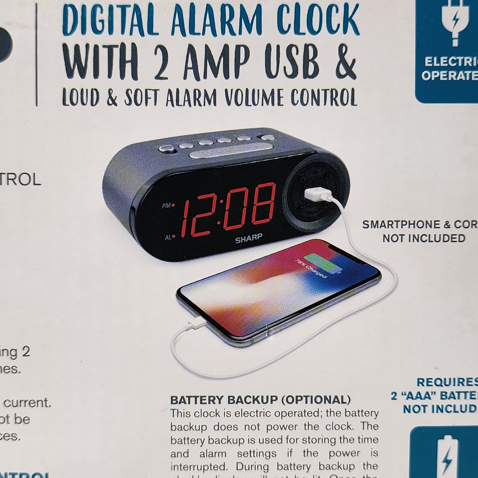 Sharp SPC547 Digital Alarm Clock w/ 2A USB Charger, Red LED, Dimmer, Snooze