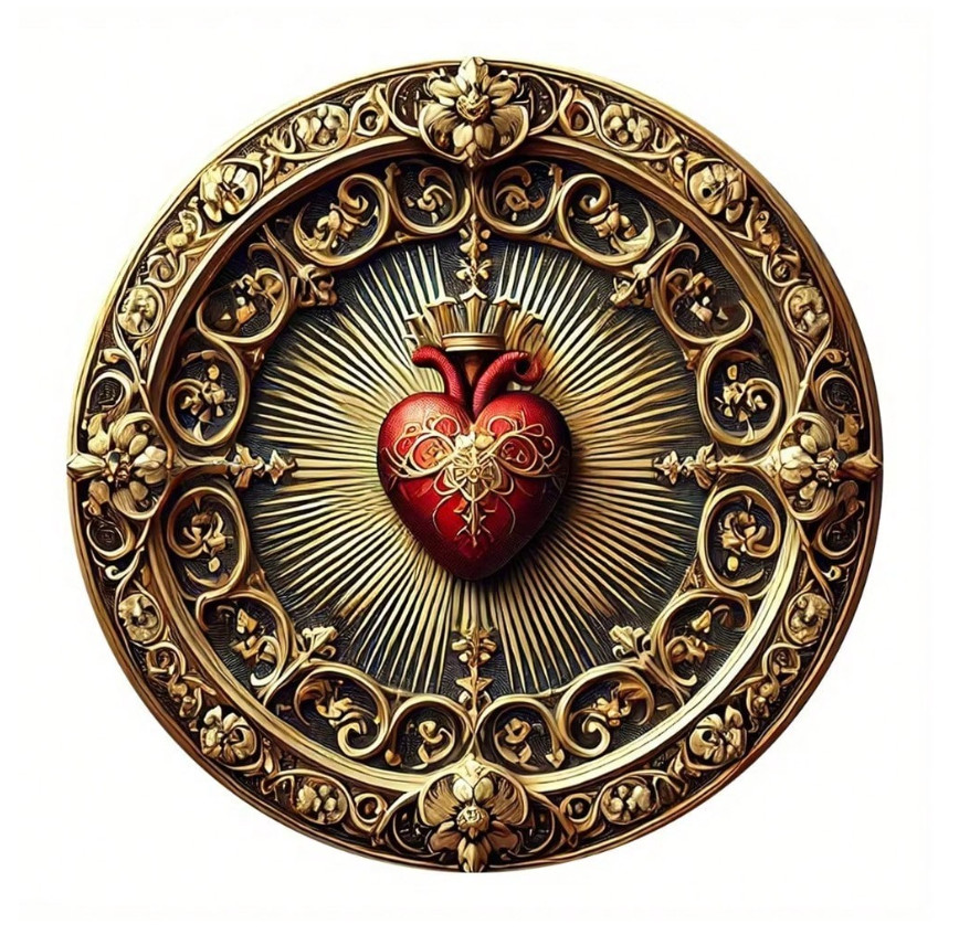 Vintage Sacred Heart Aluminum Wall Art – Golden Red Religious Decor, Home Office