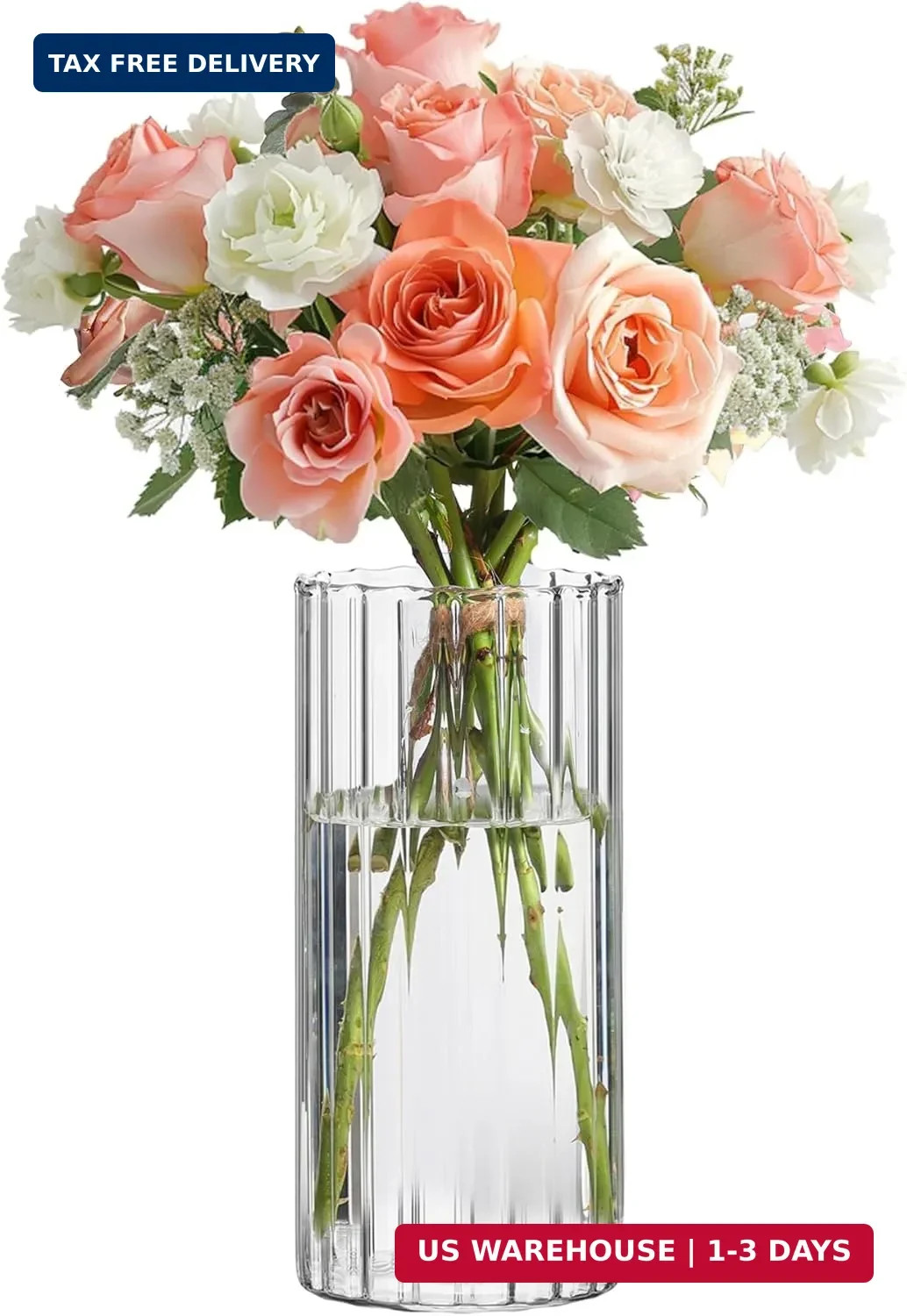 ComSaf Glass Cylinder Vases, Bud Vase for Centerpieces, 8 Inch Tall Ribbed Vase