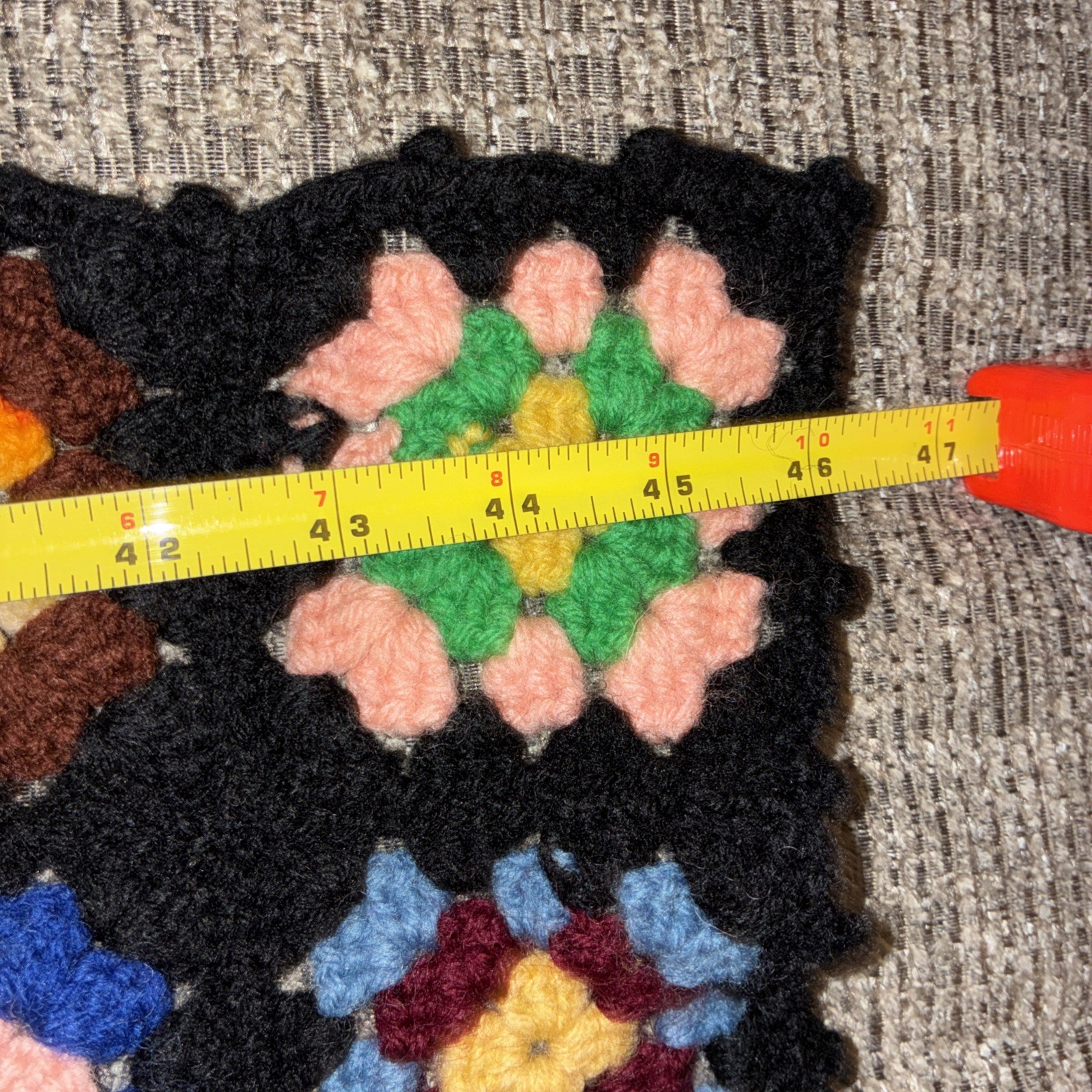 Vintage Handmade Crochet Granny Square Afghan Multi-Color Black Boho Throw 62×46