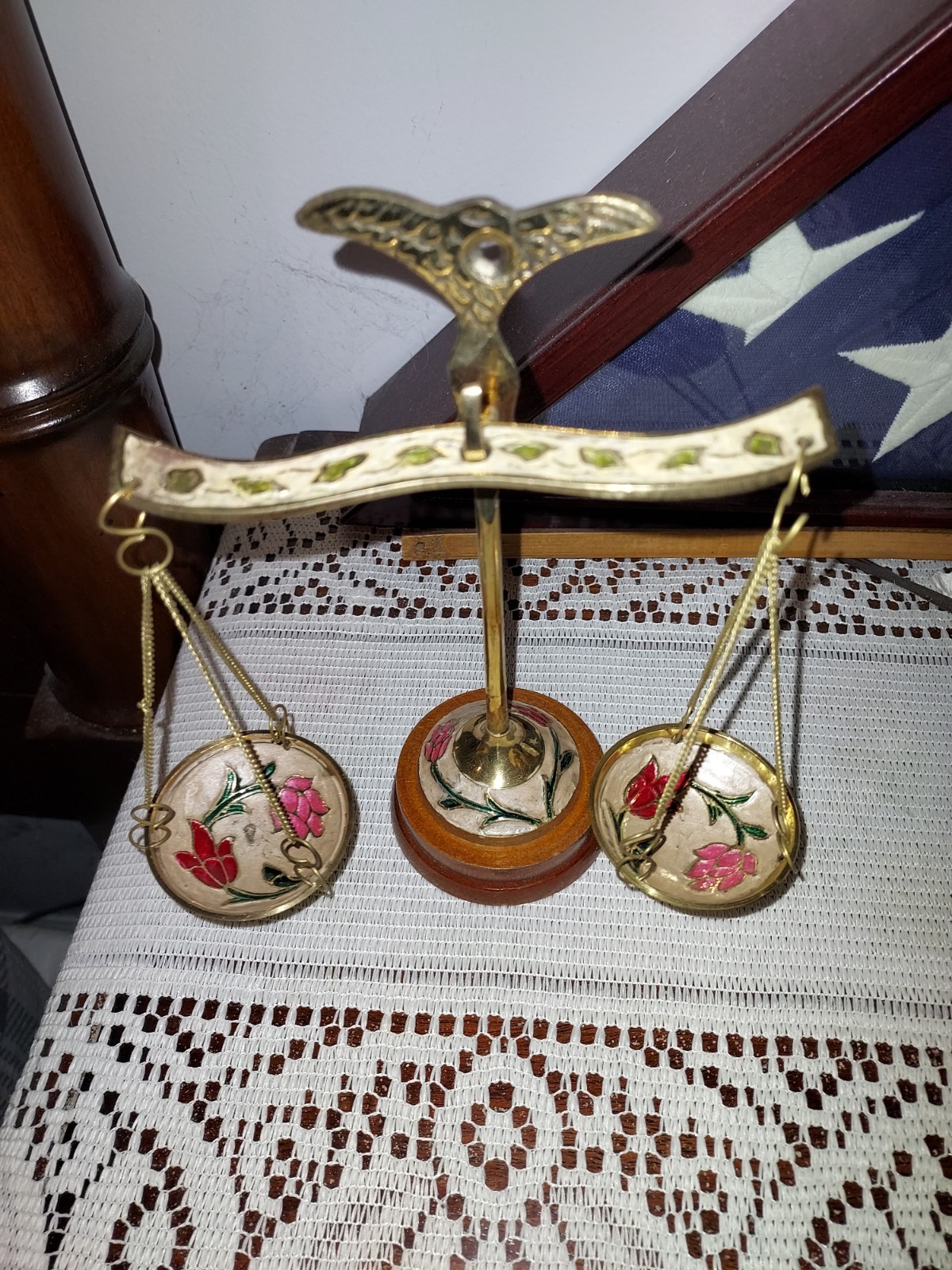 NWOB Decorative Brass Balance Scale with Eagle & Floral Cloisonne Enamel Details