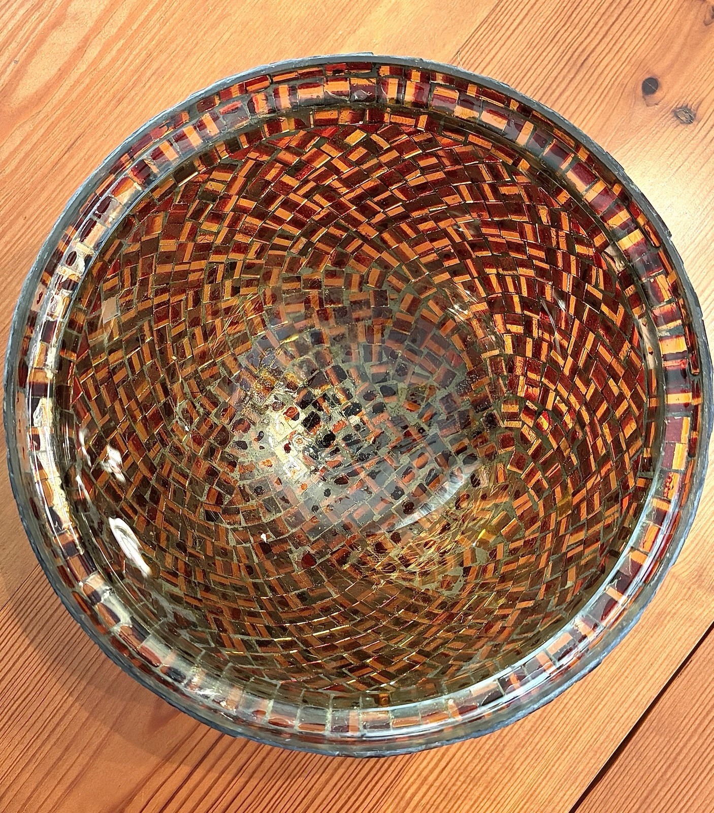 Red/Gold Mosaic Hand Placed Glass Tiles Decorative Bowl Wrought Iron Stand NICE!