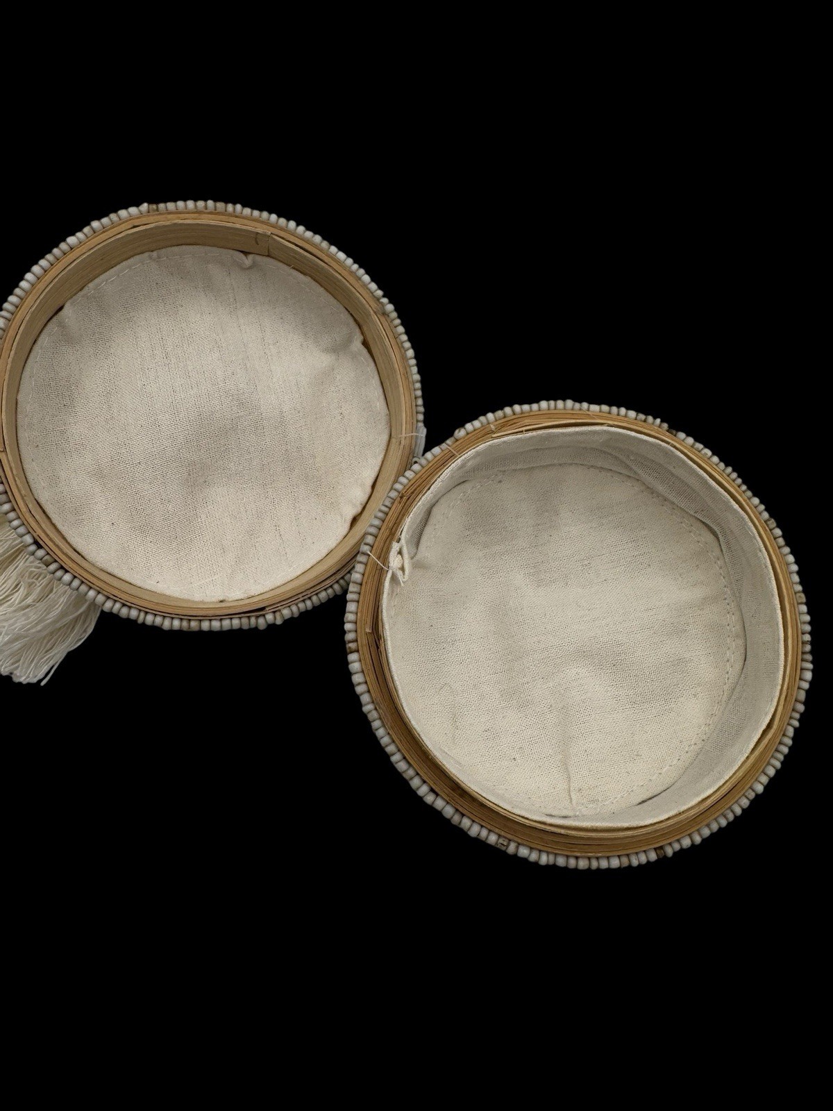 Balinese Handmade Beaded Bamboo Trinket Box Tassel Lidded White Natural Basket
