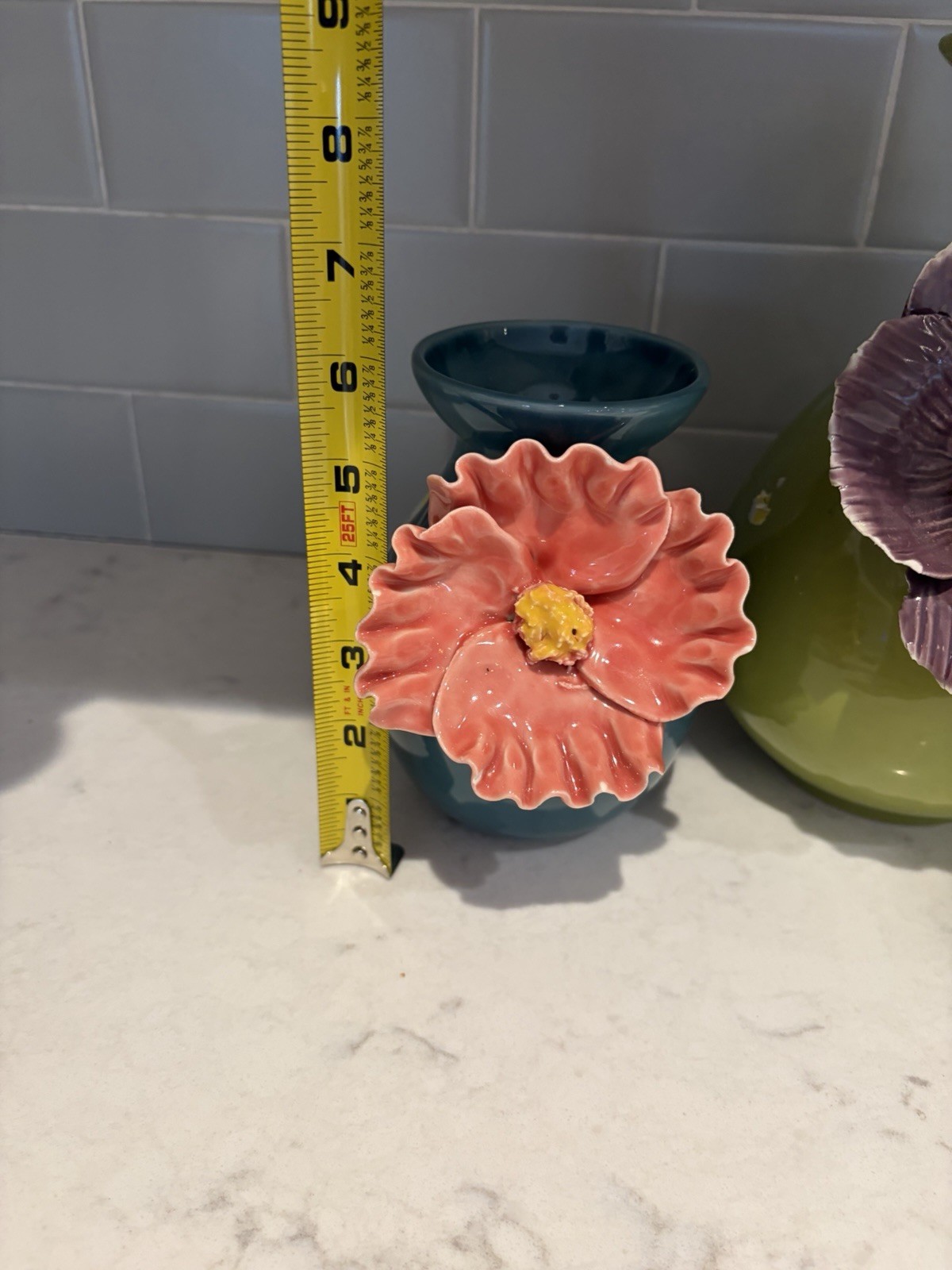 Anthropologie Poppy Flower Vases Set of 2 Green Purple Pink Floral Ceramic 3D
