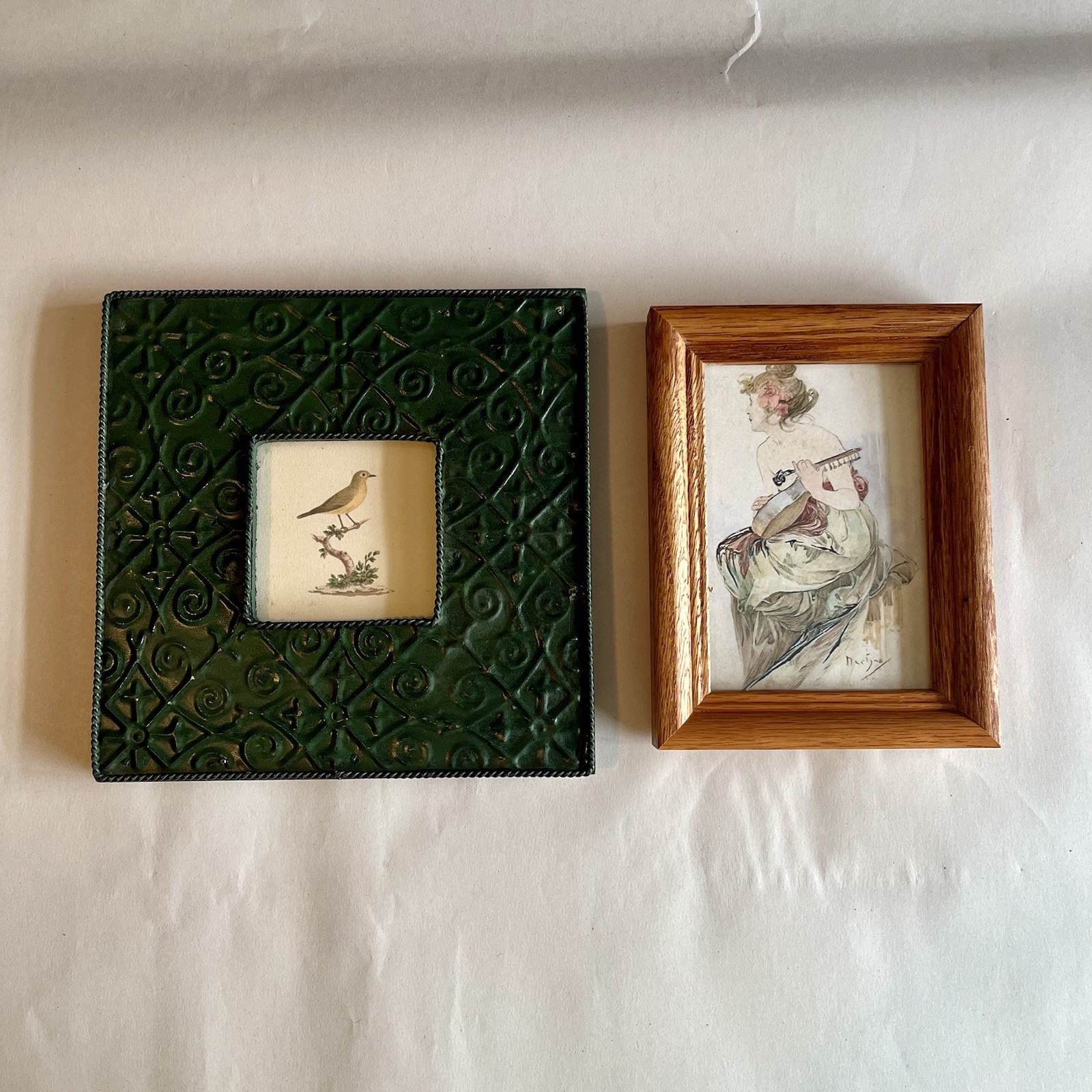 Vintage Wood Green Metal Picture Photo Frames w/ Fine Art Prints-Set of 2