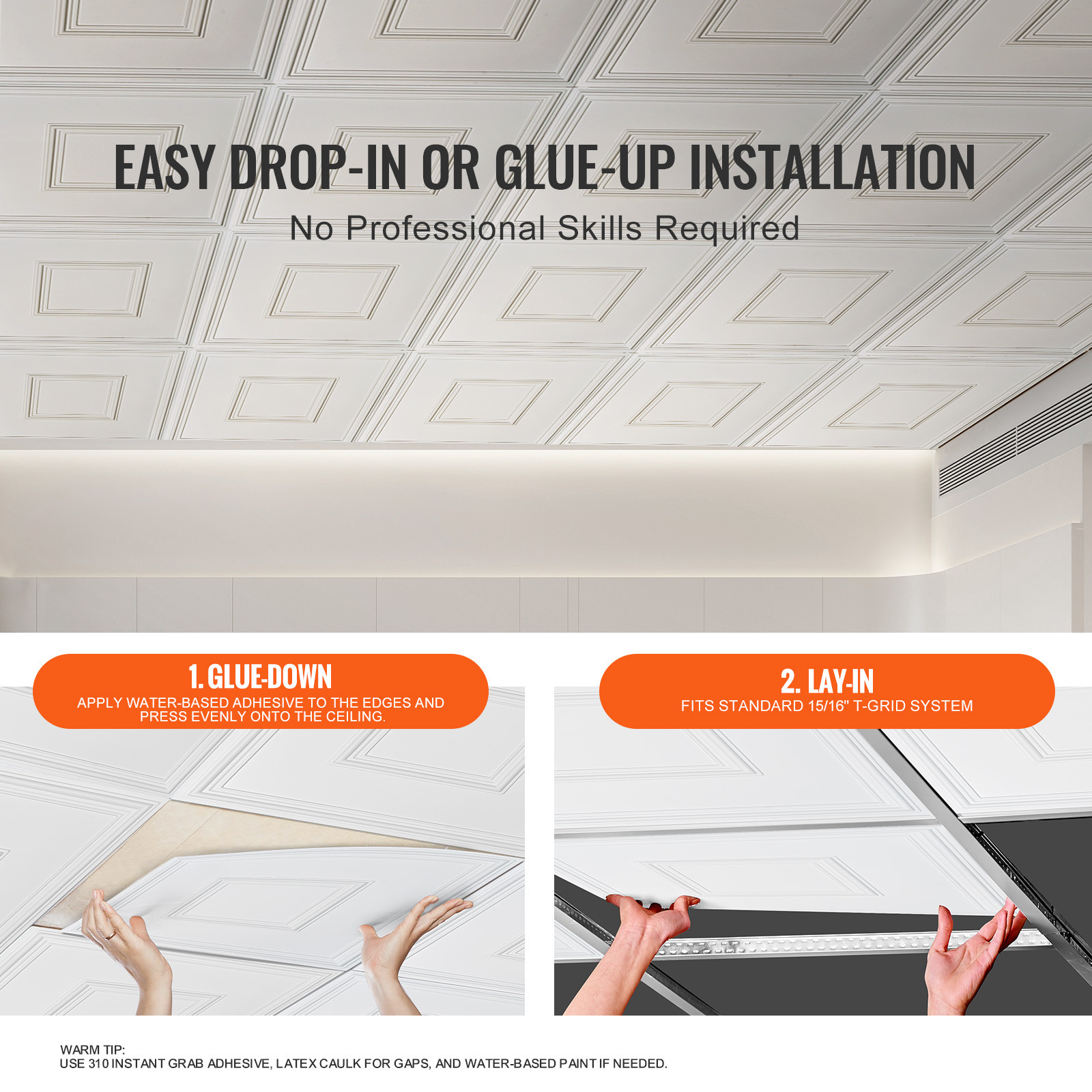 VEVOR Ceiling Tiles Panel 12 Pack 24 x 24in 48 sq.ft PVC Glue up DIY Decor White