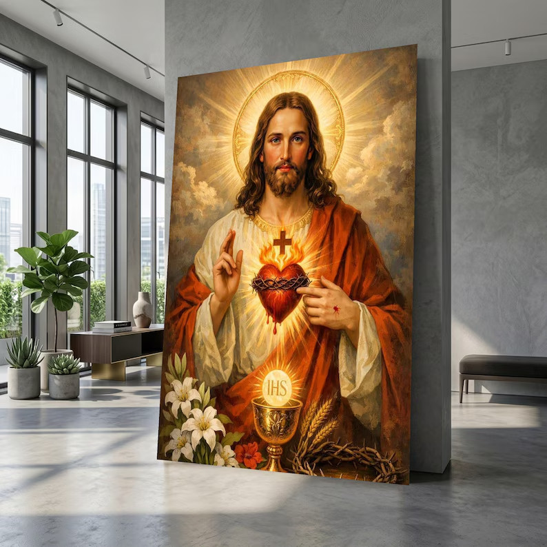 Sacred Heart of Jesus Canvas Wall Art, Divine Love Illustration, Religious Home