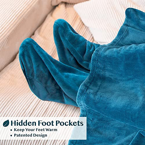 Blanket with Sleeves, Foot Pockets for Women Men Adults, Plush Fleece Sea Blue