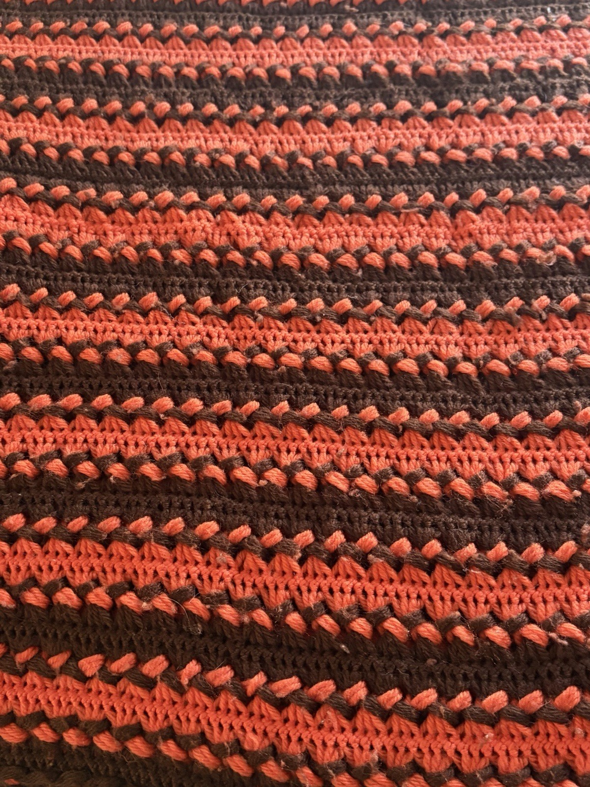 Vintage Hand Made Orange And Brown Striped Afghan Blanket 62”x68”