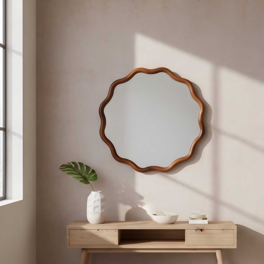 30in Wavy Round Mirror Wood Frame Mid-Century Modern Mirror For Bedroom Bathroom