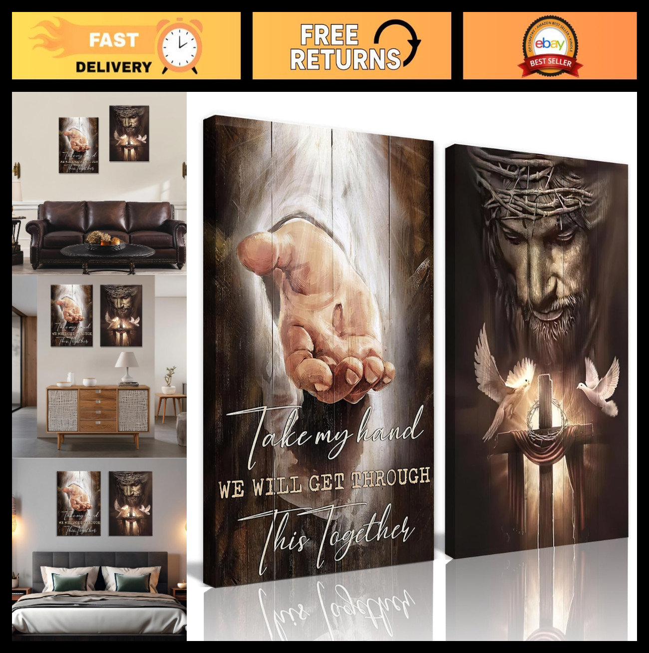 2Pcs Jesus Christian Wall Art – ‘Hand of God’ Bible Verse Canvas Decor 16x24in