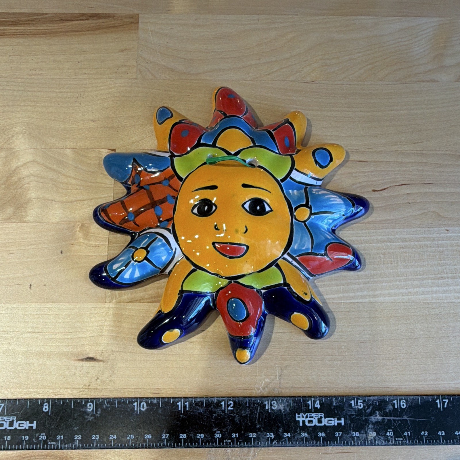 Hand-Painted Ceramic Sun Face Wall Hanging Plaque, Multicolor Glossy Finish