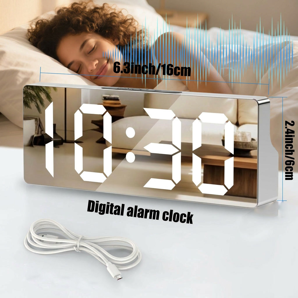 LED Mirror Alarm Clock with USB Charging Por Snooze Function for Bedroom Desk
