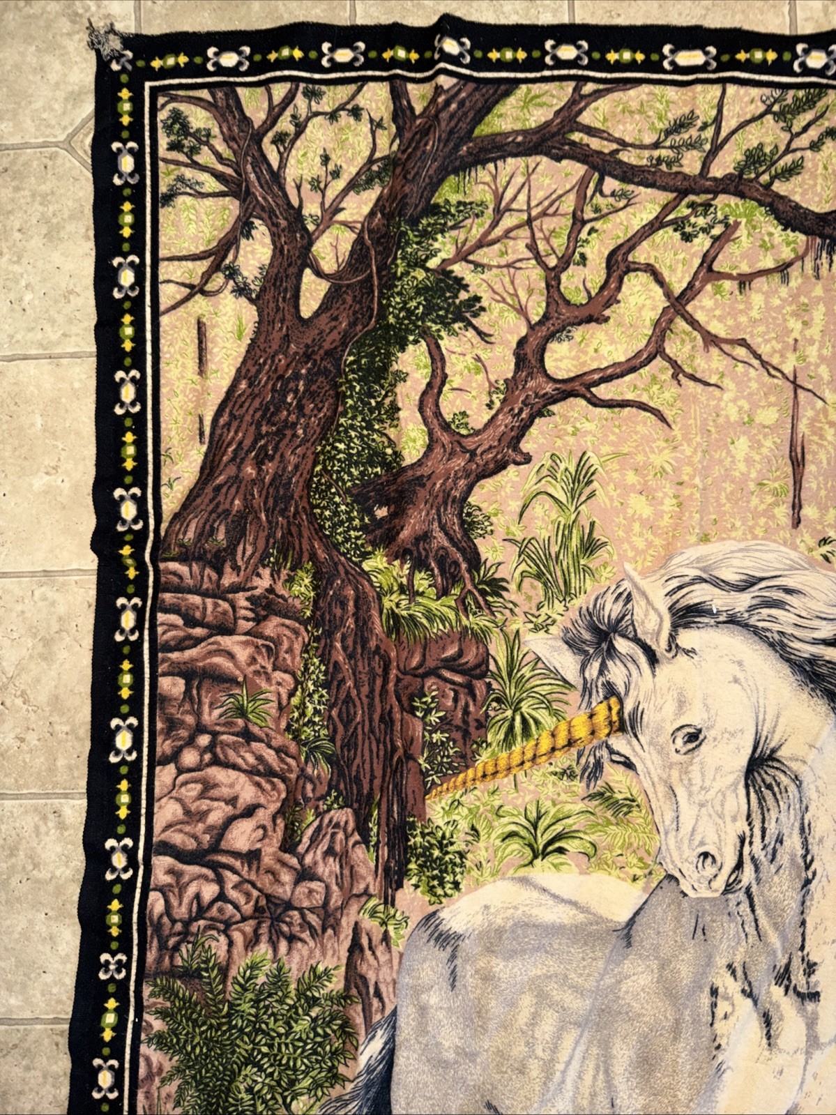 Vtg Unicorn Snake Fantasy A.T.C NY Tapestry Wall Hanging Flannel Turkey 53″X35″