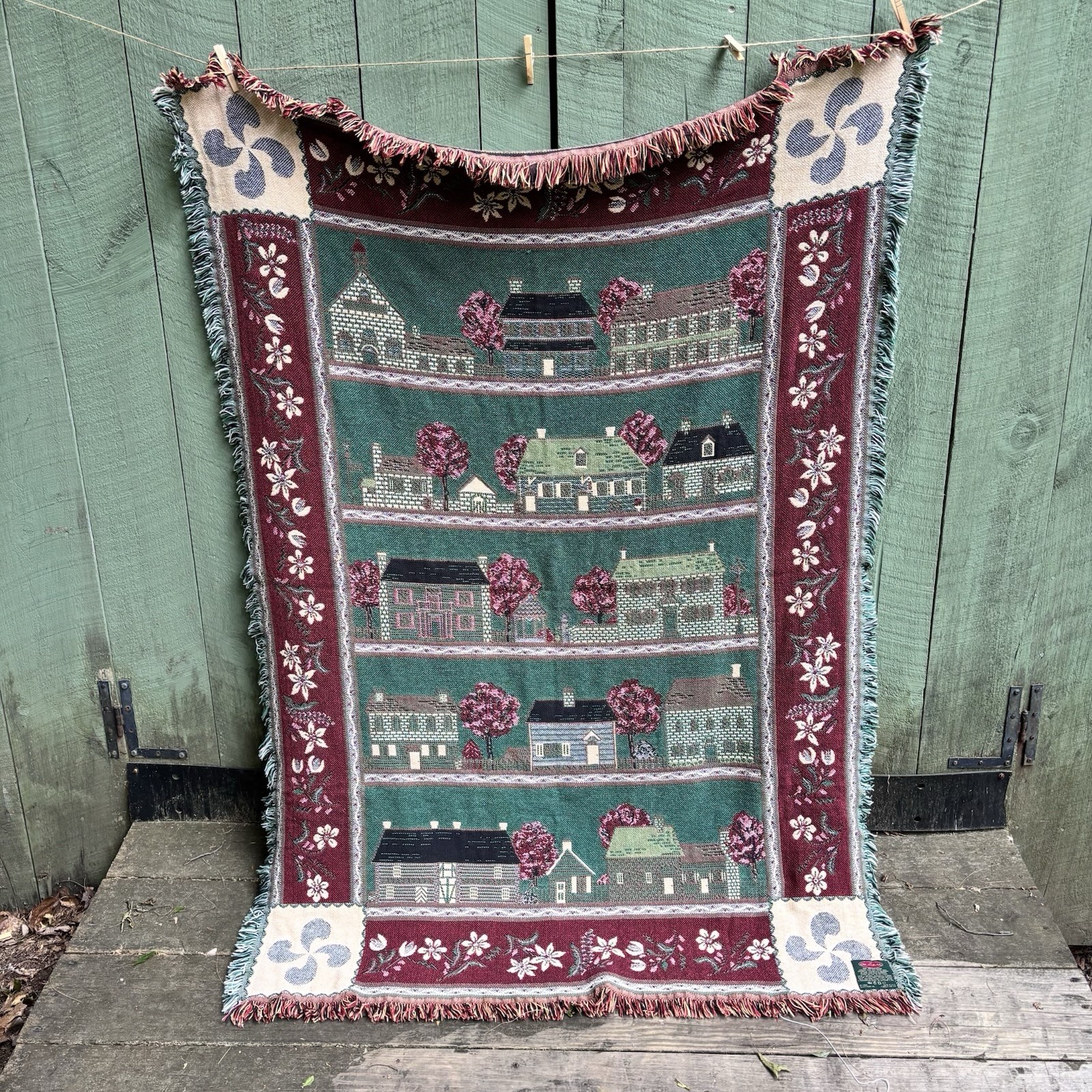 Bob Timberlake Fringed Throw Blanket Woven Salem Town Tapestry 48 x 67 Vintage