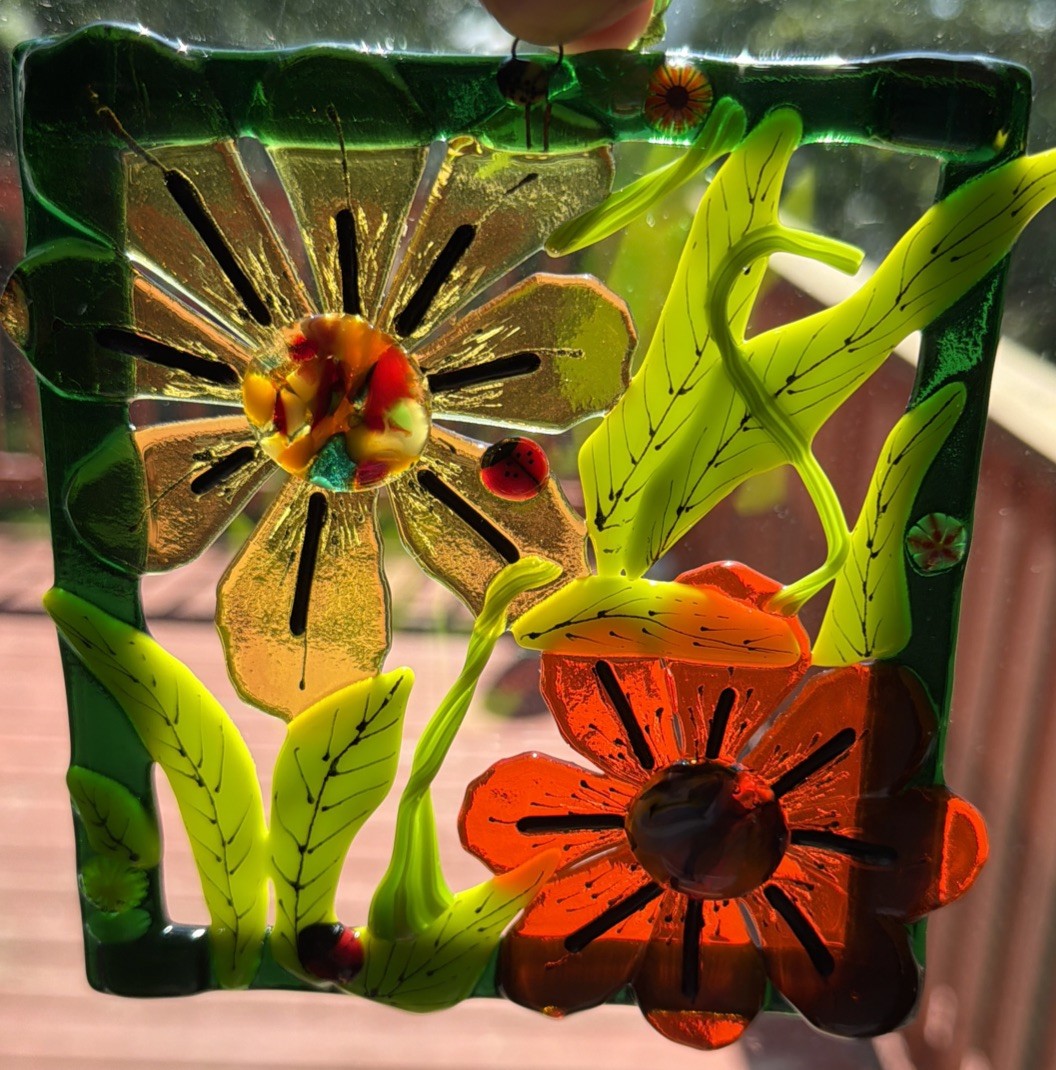 Fused Glass Handmade Rectangular Multicolor Sun Catcher Signed By Artist