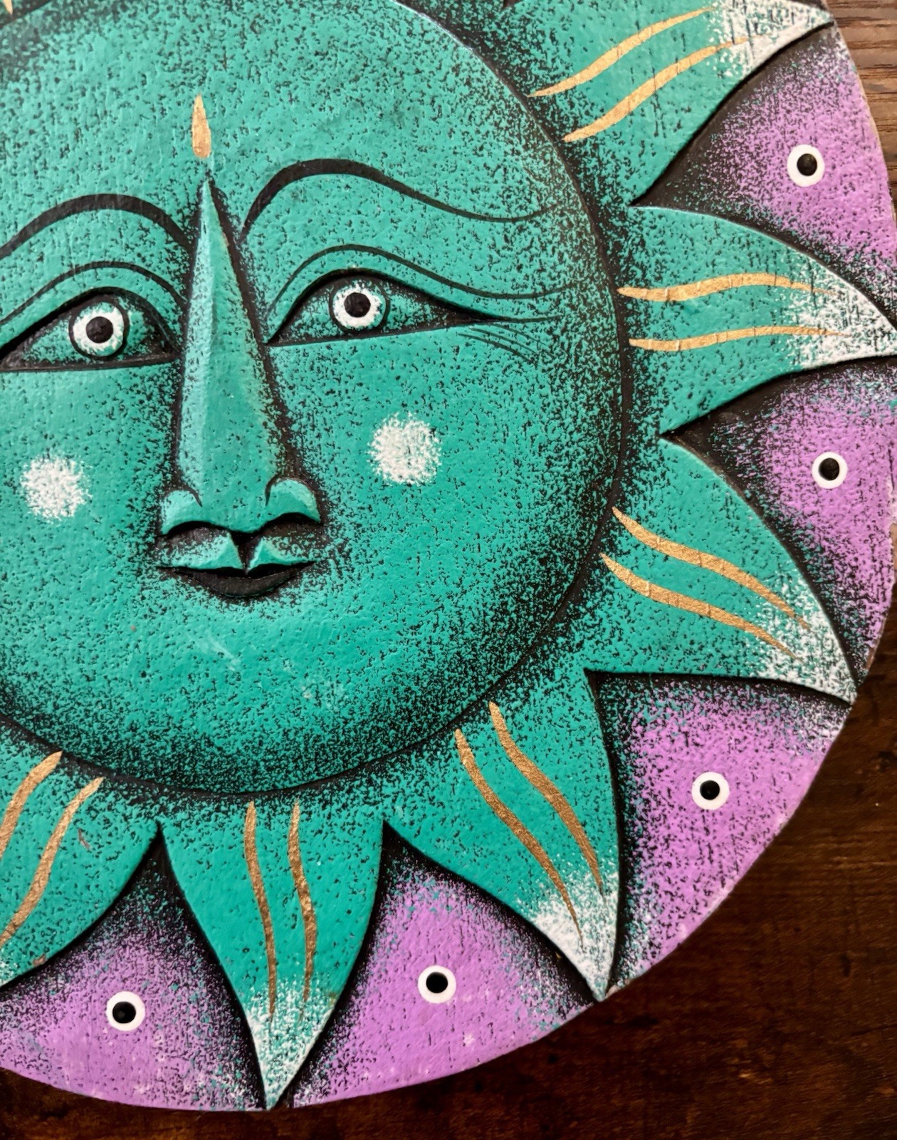 Vintage 90s y2k Wooden Celestial Sun & Moon Hanging Plaque Art Decor Purple Teal
