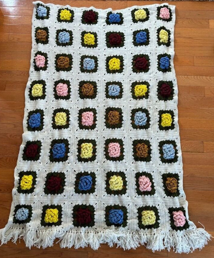 Vintage Hand Crocheted Blanket With 3D Rose Pattern & Fringe Afghan Throw 72×43
