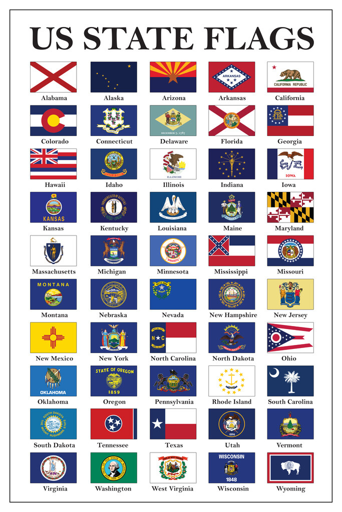 Flags Of US States Classroom Aid Politics History Government Poster 12×18
