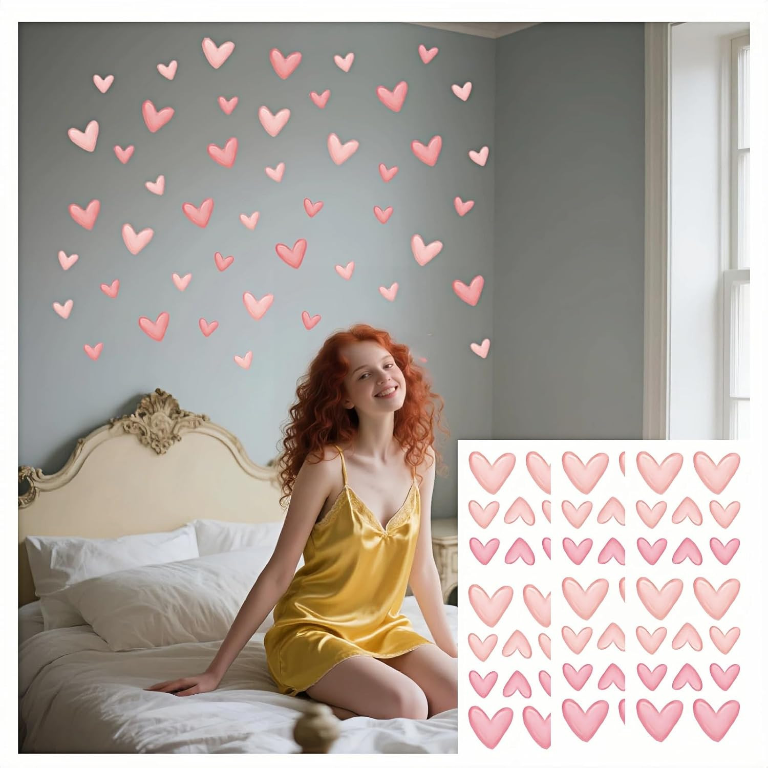 60 Pcs Pink Heart Wall Decals, Repositionable PVC Wall Decals for Girls Room, Nu