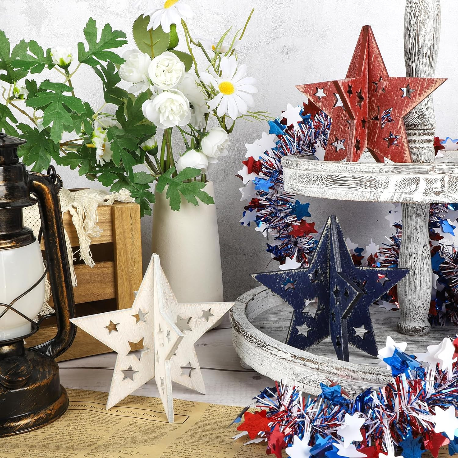 6 Inch Labor Day Decorations Wooden Stars Set, Vintage 3D Star Memorial Day Tier