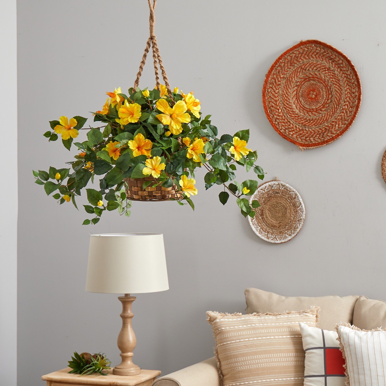22” Artificial Hibiscus Flower Plant in Hanging Basket. Retail $96
