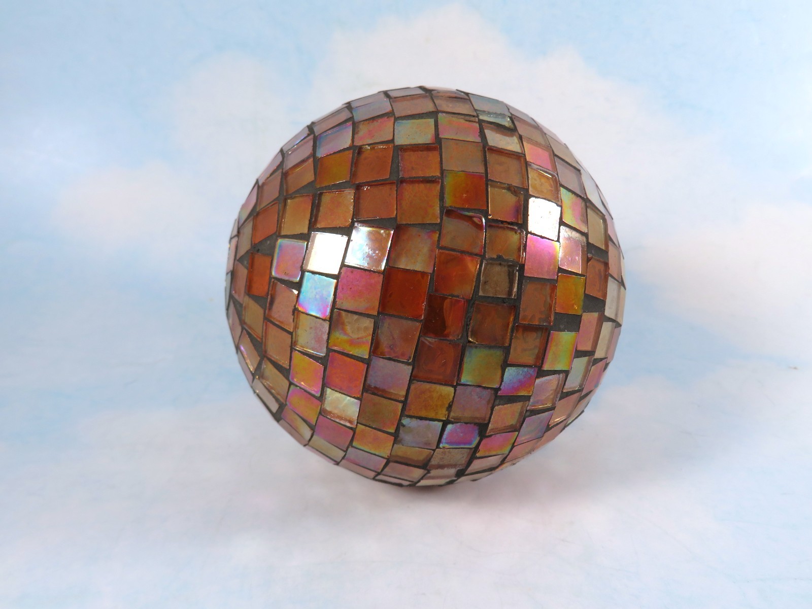 Vintage Mosaic Orbs Glass On Plastic Set Of 3 Iridescent Copper 4 Inch Handmade