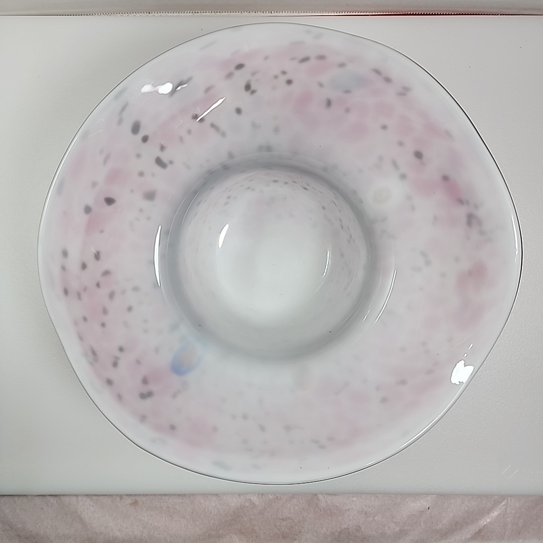 Glass Pink Hat Flower Murano Hand Blown Bowl 11.5” Decor Floral Flower