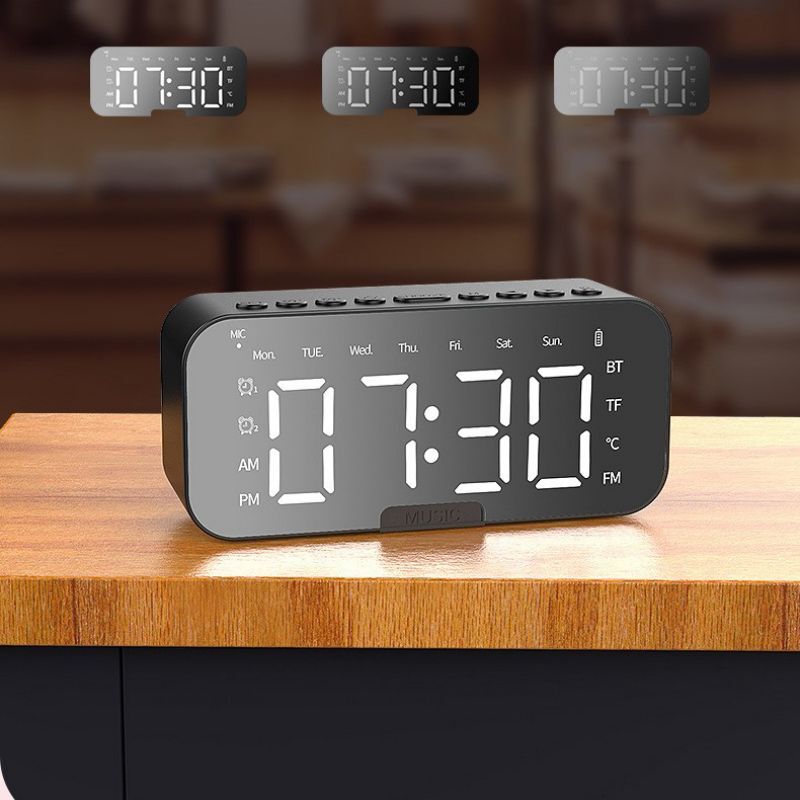 Portable Digital Alarm Clock FM Radio Wireless Bluetooth Mirror LED With Speaker