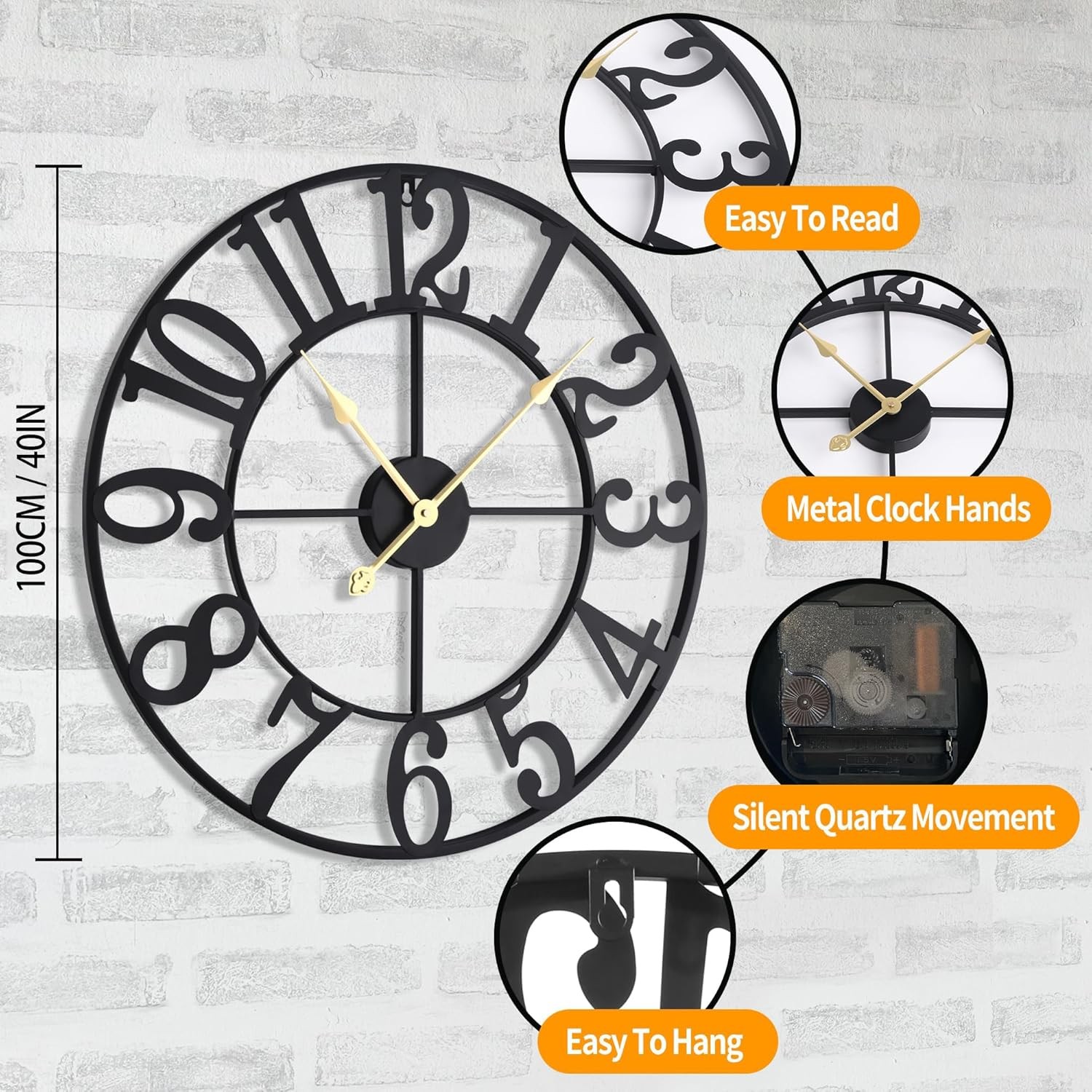 Extra Large 40″ Black Metal Wall Clock with Arabic Numerals for Home & Office De