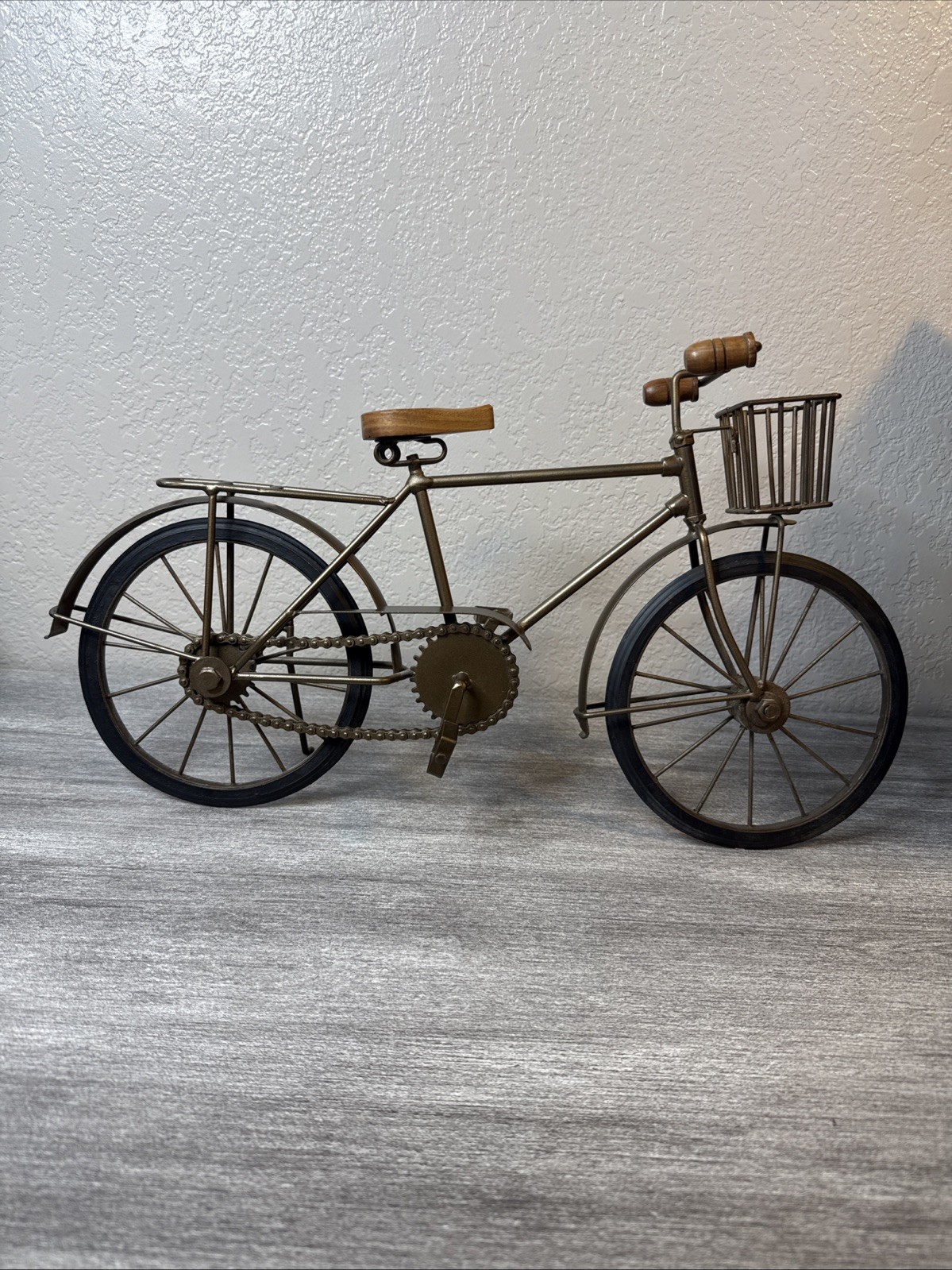 Bicycle Tabletop Home Decorative Metal Bike Sculpture Wood Seat Moveable Wheels