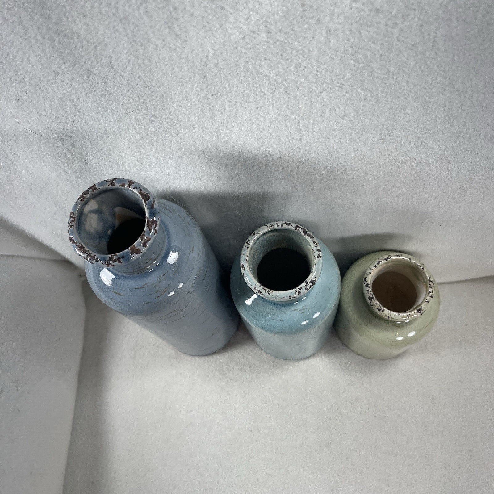 Inspired By Nature Farmhouse Style Vase Set 3 Blue Green Gray W/ Crackle Glaze