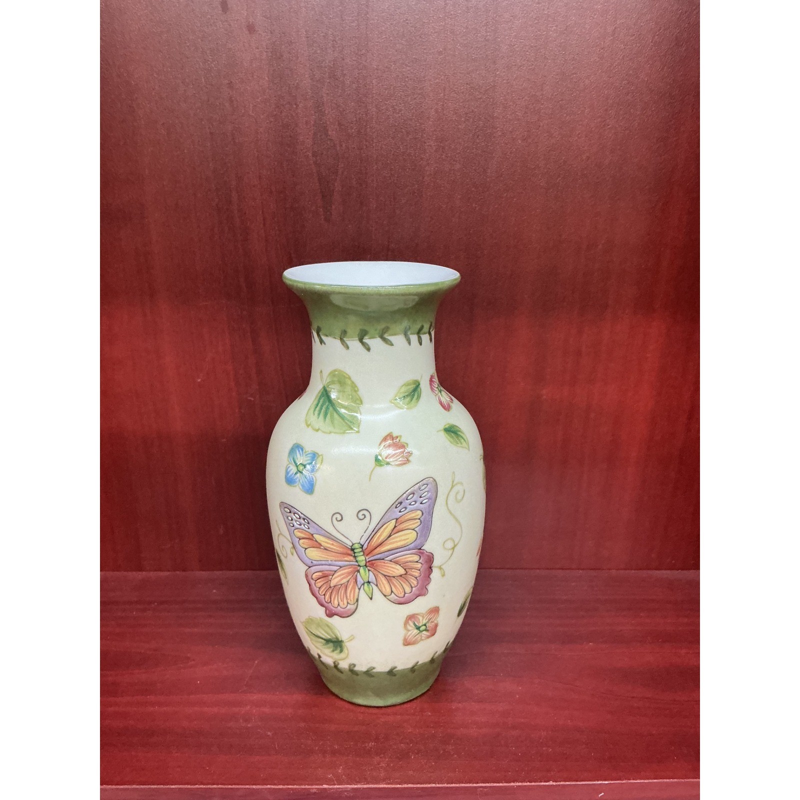 Andrea by Sadek Butterfly Floral Porcelain Bud Vase Green Cream 6 Inch
