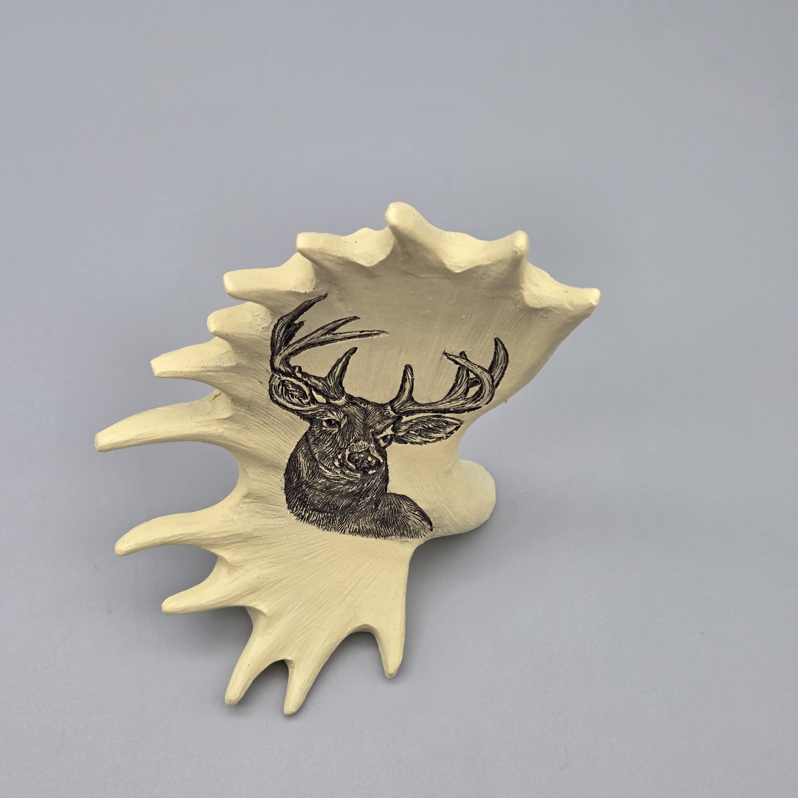 Antler Shaped Figurine With Elk Deer Carving 4.5″ Rustic Hunting Farmhouse Decor